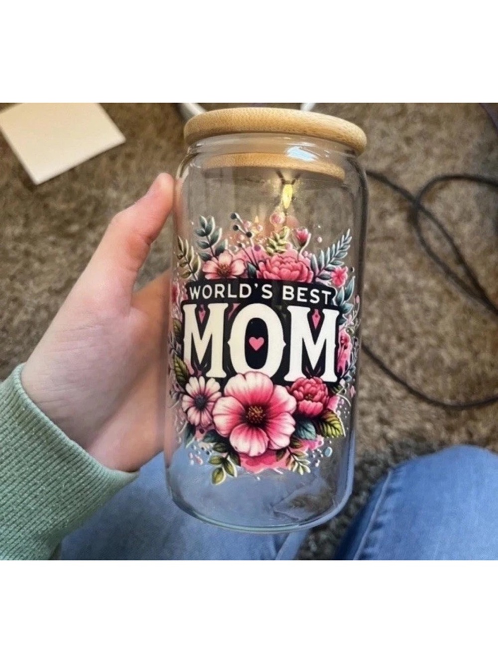 Floral 'World's Best Mom' Glass Jar with Wood Lid - Pink